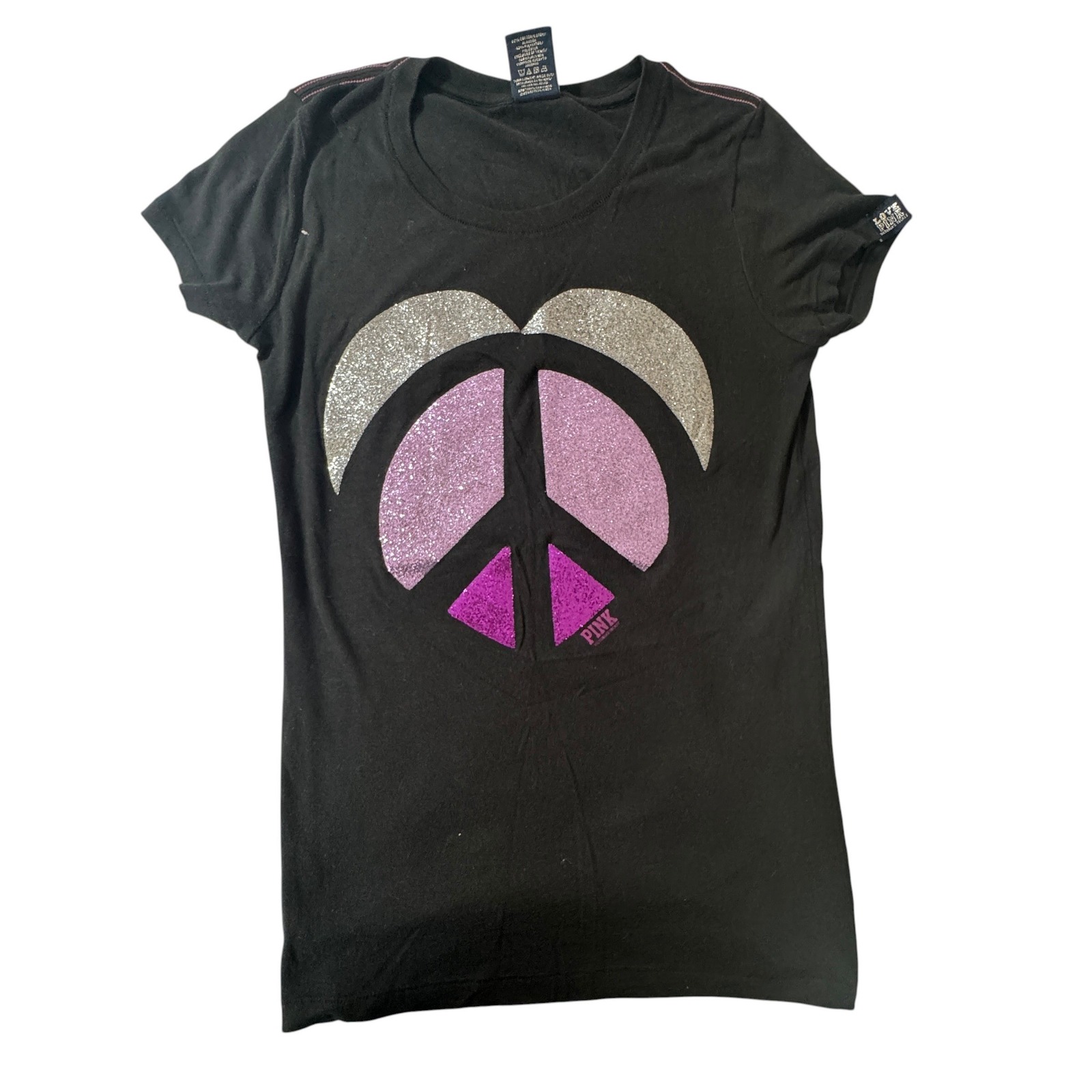 Victoria's Secret Pink Black Glitter Peace Sign Graphic T-Shirt Womens Medium